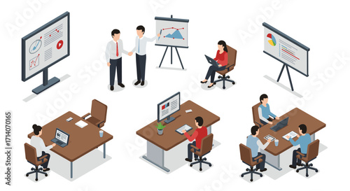 Modern office workspace setup with digital presentation and team collaboration