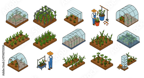 Isometric greenhouse and gardening set with farmers and plants