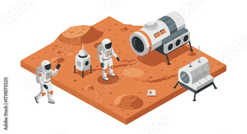 Isometric mars mission: astronauts exploring futuristic base on red planet