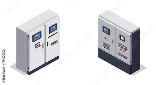 Modern isometric industrial control panels on white background