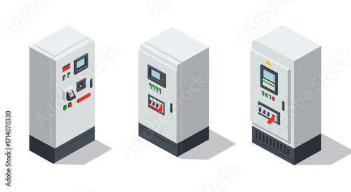 Industrial control panels in isometric style with modern designs for automation