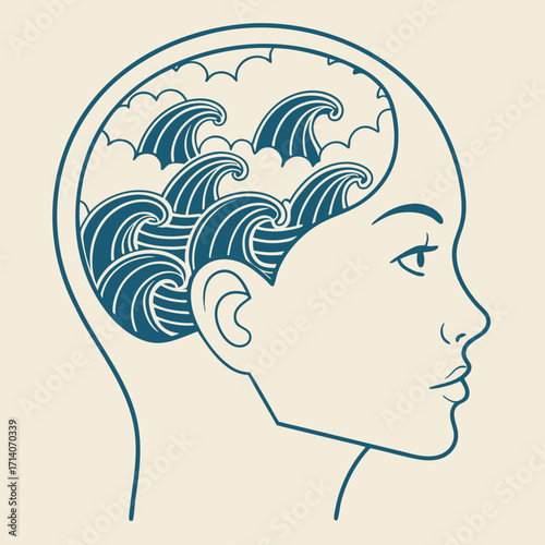 Conceptual illustration of a human head in profile with stylized ocean waves and clouds filling the brain cavity symbolizing thoughts and emotions