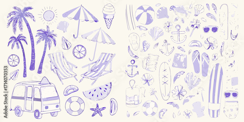 Collection of hand drawn summer beach vacation elements in purple outline style