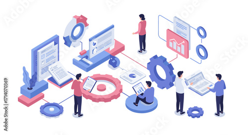 Isometric teamwork and analysis concepts with technology and data visualization