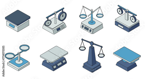 Isometric balance scales and weighing equipment set in blue and gray tones