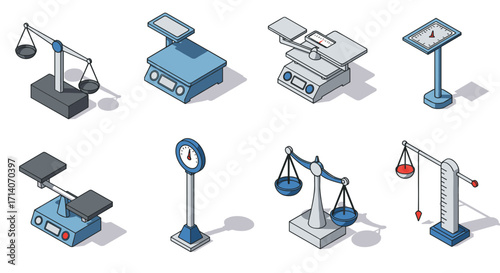 Set of isometric weighing scales in various designs and styles