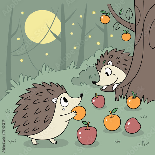 Cute cartoon hedgehogs in a forest at night collecting apples and oranges under a large full moon with fireflies glowing