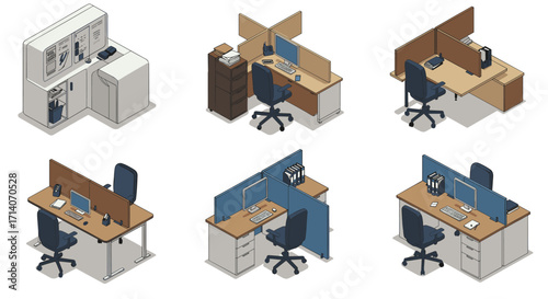 Isometric office desk setups with chairs, computers, and partitions