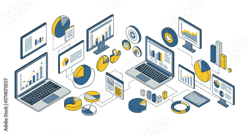 Isometric digital data visualization with laptops and graphs in modern style