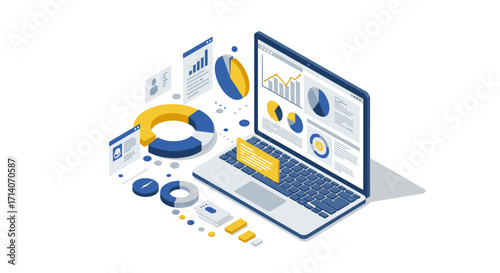 Isometric business analytics on laptop with data visualization and charts