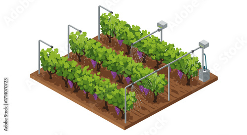 Isometric vineyard with irrigation system and lush green grapevines