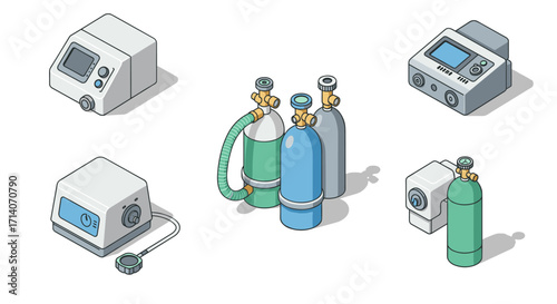 Isometric medical equipment collection: oxygen concentrators and respiratory devices