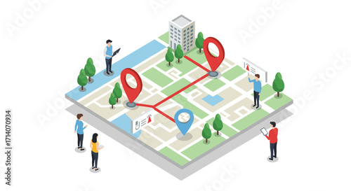 Isometric map navigation with location pins and people interacting digitally