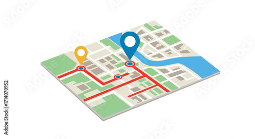 3d isometric city map with navigation pinpoints and river path