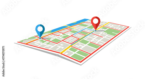 Isometric city map with location pins and streets highlighted for navigation