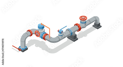 Isometric industrial pipeline with valves and connectors on gray base