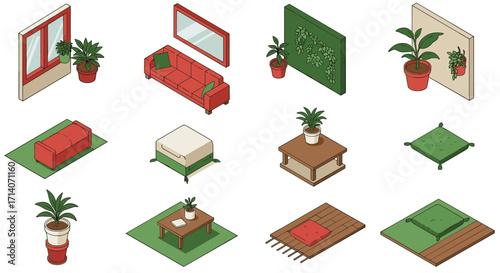 Modern isometric interior elements with plants and minimalist furniture design