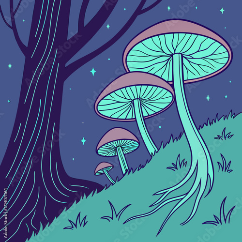 Enchanting night scene with glowing bioluminescent mushrooms and a large dark tree trunk under a starry sky