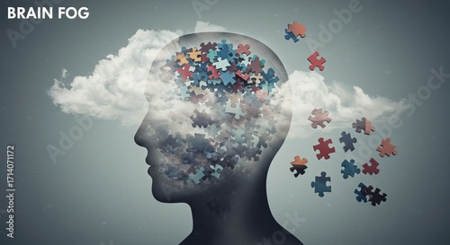 Conceptual image of a human head filled with puzzle pieces representing brain fog.