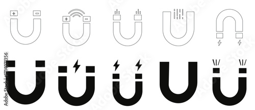 Set of magnet icon set. Linear horseshoe magnet symbol. Electromagnetic sign in circle of Vector illustration 