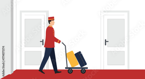 Bellhop in uniform transporting luggage through hotel hallway with trolley