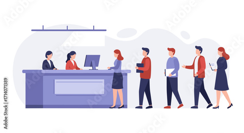Office reception scene with queue of diverse employees in flat design