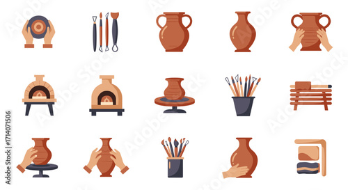 Pottery craft icons: tools, vases, and kilns in flat art style for creative design