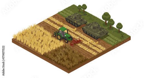 Isometric scene of farming and military tanks on farmland