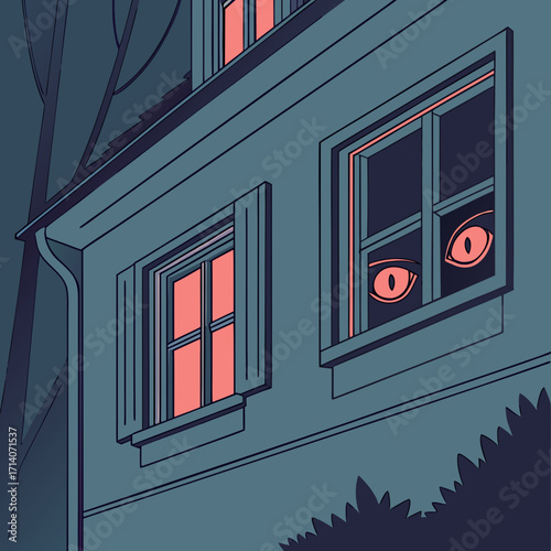 Mysterious glowing eyes peer out from a dark window of a building at night creating a sense of unease and suspense