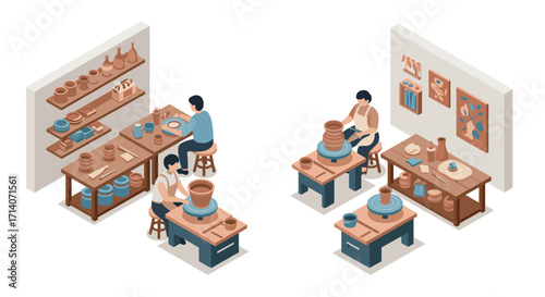 Isometric pottery workshop scene with artisans creating ceramic pieces