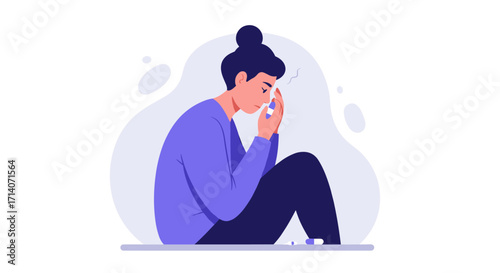 Sad woman sitting with head in hands and medicine bottles nearby