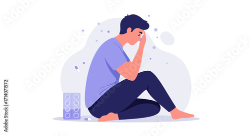 Silhouette of stressed man sitting with head in hands surrounded by medicine in calm pastel colors
