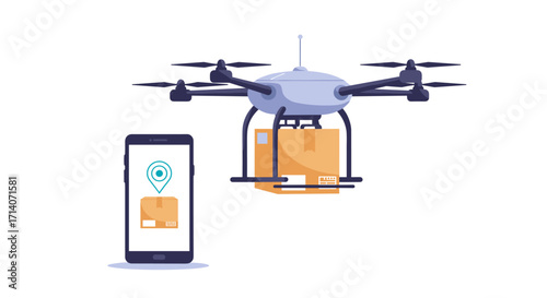 Drone delivery service concept with smartphone navigation display