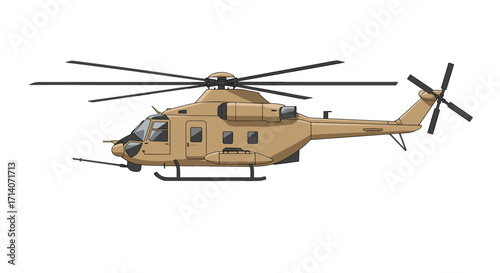 Detailed side view of military helicopter in neutral tones