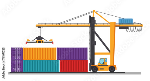 Industrial crane and shipping containers in flat design for logistics and transport themes