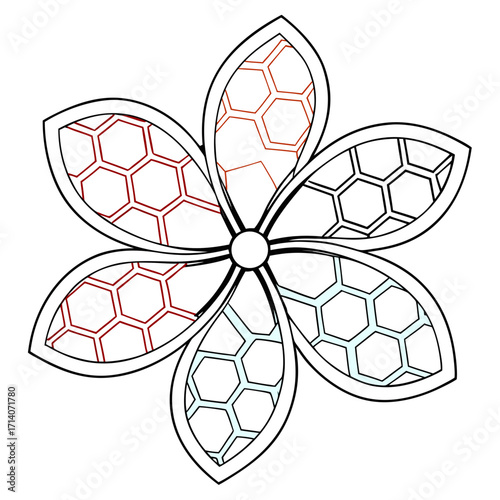 Stylized abstract flower with six petals each containing a honeycomb pattern in red blue and black outlines on a white background