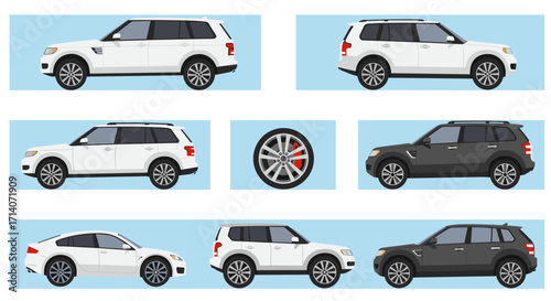 Modern car set showcasing side views of suvs and sedans with stylish wheels on blue background