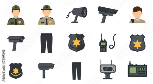 Security personnel and equipment icons set featuring surveillance and communication tools