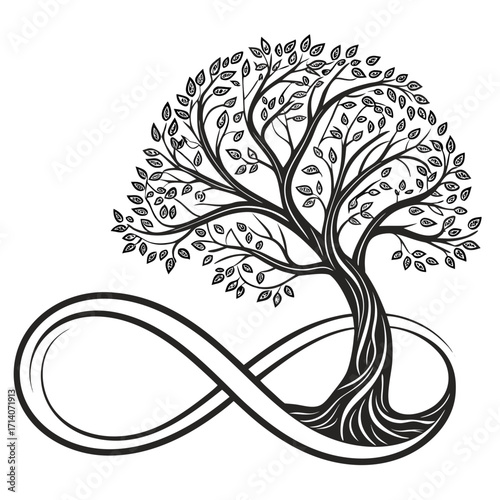 Stylized black and white illustration of a tree with intricate branches and leaves growing from an infinity symbol representing eternal life and connection