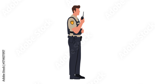 Security guard holding radio device in uniform
