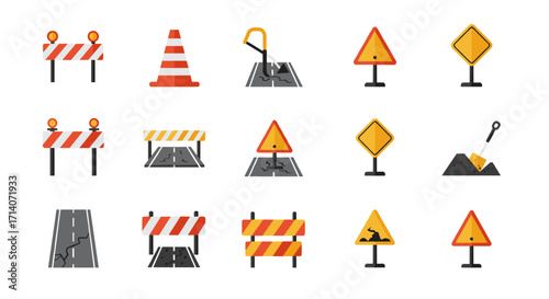 Flat road construction icons set featuring traffic signs and safety barriers
