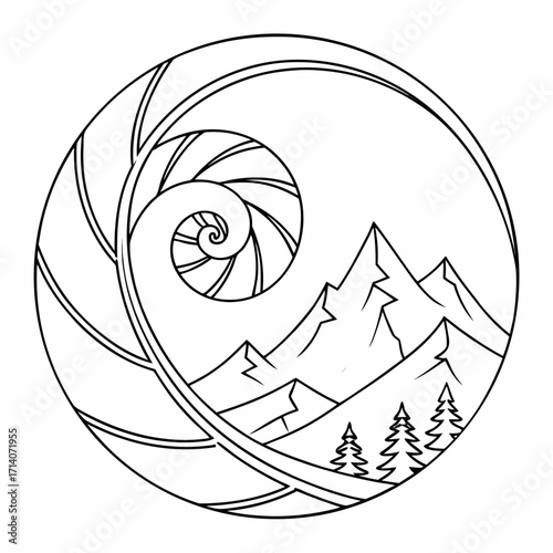 Stylized black and white line art illustration of a mountain landscape with pine trees framed within a circular nautilus shell spiral design
