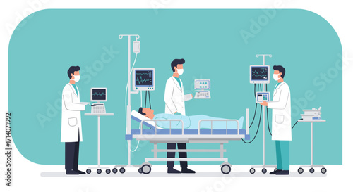 Medical professionals in hospital ward: caring for patient with modern equipment