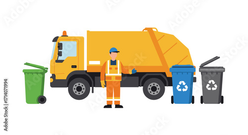 Garbage collection worker with recycling bins and waste truck in flat design