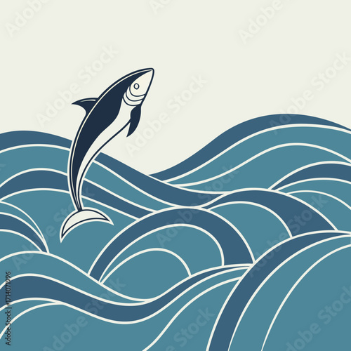 Stylized dark blue and white fish leaping dynamically from stylized blue ocean waves against a pale background