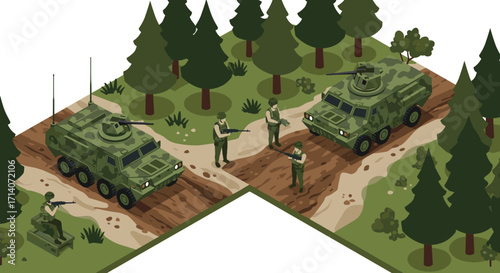 Military exercise in forest terrain with armored vehicles and soldiers in isometric style