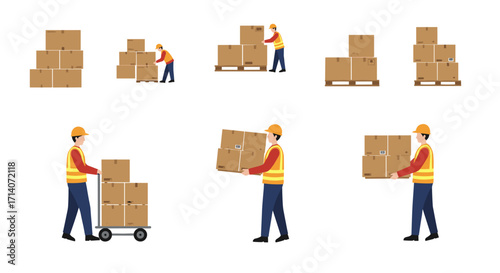 Warehouse workers handling boxes in various scenarios with safety gear