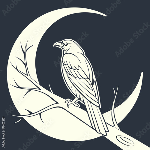 Stylized illustration of a raven perched on a bare branch against a large crescent moon on a dark background