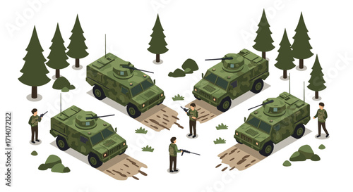 Military exercise in forest with armored vehicles and soldiers in isometric style