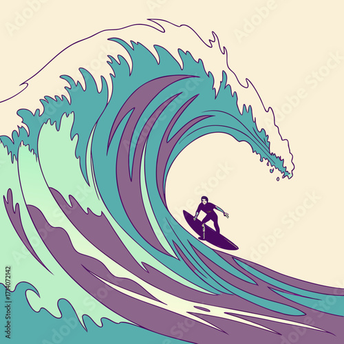 Stylized illustration of a lone surfer riding a massive colorful tube wave with a minimalist aesthetic and a clean background